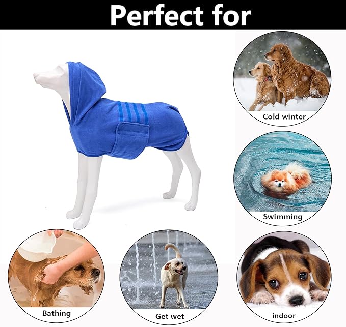 Geyecete Dog Drying Coats with Hood - Absorbent Robe Dry Fast Dog Towel - Microfibre Fast Drying Super Absorbent - Blue - M