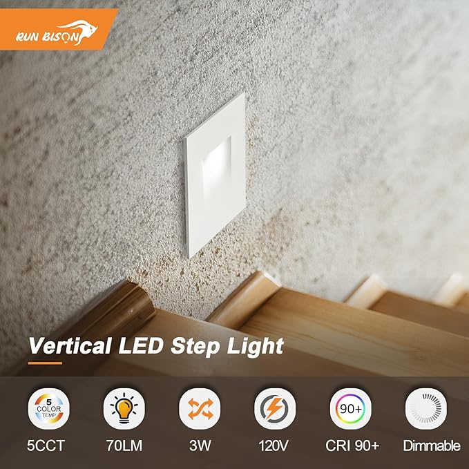 Vertical LED Recessed Step Light Fixture, 5CCT Selectable, IP65 Waterproof, 3W 70LM, 120V Stair Light Indoor Outdoor, 10%-100% Dimmable, White, ETL Listed - 4PK