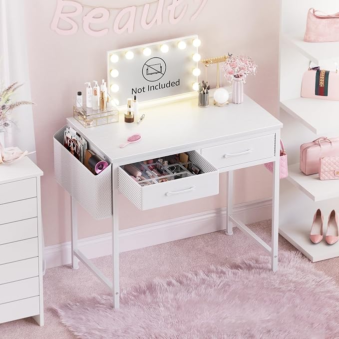 DLisiting White Desk with Storage Drawers - 39 Inch Small Computer Desk with Drawers for Bedroom Home Office, Study Writing Vanity Table Without Mirror for Girls Small Spaces