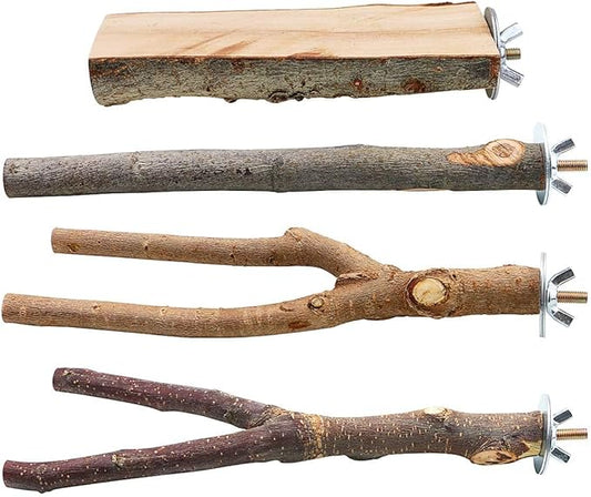 BILLIOTEAM 4 Pack Natural Wood Bird Perch Parrot Stand Branches Fork Toys,Pet Bird Cage Wooden Hanging Perch Platform Hammock Swing Toy for Small Parakeets,Budgies,Cockatiels,Conures,Finches