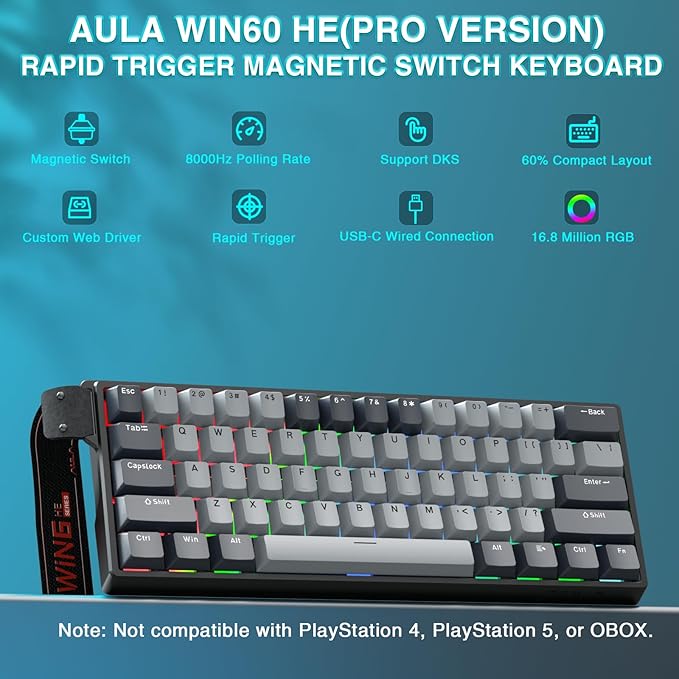 AULA WIN60 HE PRO 60% Mechanical Gaming Keyboard Wired, Magnetic Switch Hot Swappable, Adjustable Actuation Rapid Trigger Mode, 8000Hz Polling Rate, RGB Small Keyboard 60 Percent Compact Design for PC