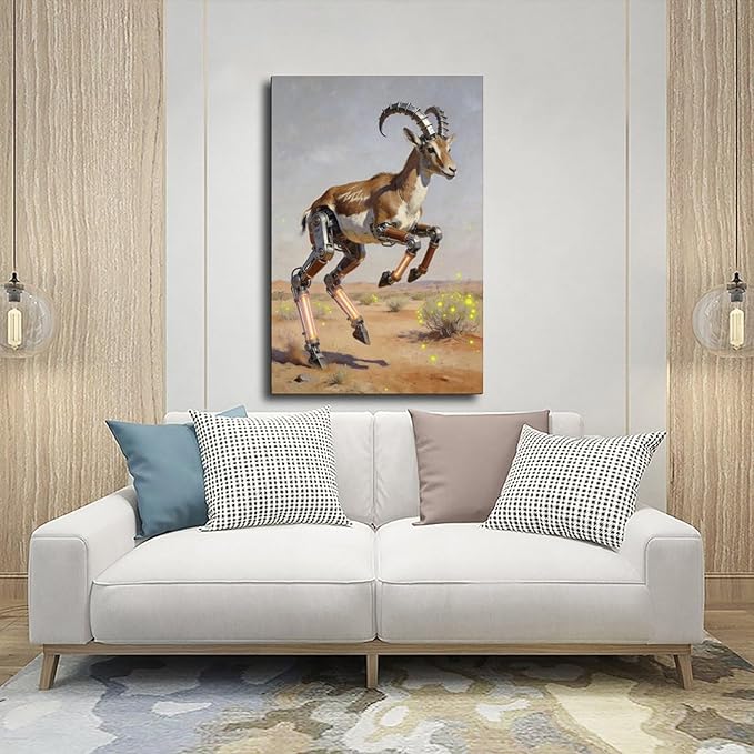 Framed Steampunk Mechanical Antelope Wall Art - Desert Futuristic Poster for Loft Living Room Decor 24x36inch(60x90cm)