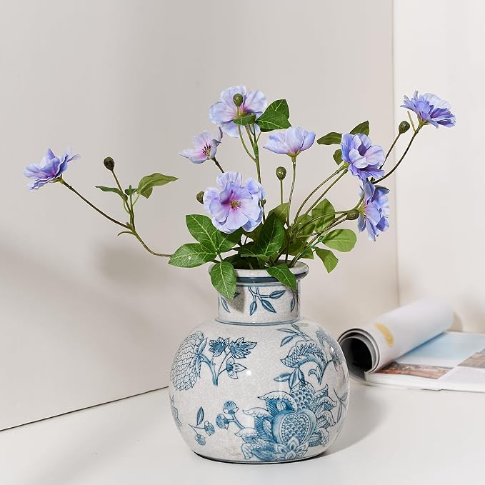 SIDUCAL Blue and White Vintage Vase | 6 Inch Ceramic Chinoiserie Floral | Retro Ice Cracked Blue and White Porcelain Vase for Table, Living Room, Bathroom Decoration, Wedding, Shelf Decor, Mantel