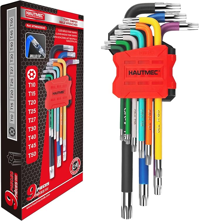 HAUTMEC 9PCS Torx Star Key Set, T10-T50 Star Allen Wrench with Visible Size Coding, CR-V Steel, Drilled Tips & Non-Slip Colorful Handles for Automotive, Bike, Furniture Repair