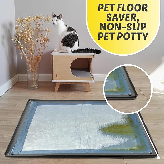 TidyFriend 2 Pk Pee Pad Holder Tray for 28” x 23” Pee Pads with Corner Lock Holes, Raised Edges, Non-Spill, Easy to Clean Silicone Dog Potty Tray Holder, for Indoor Floor Protection (Black)