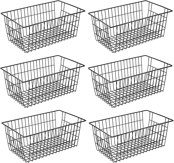 Redrubbit Wire Storage Baskets, Large Farmhouse Metal Freezer Basket Storage Organizer Bins with Handles for Kitchen Cabinets, Pantry, Closets, Bedrooms, Bathrooms, Set of 6, Black