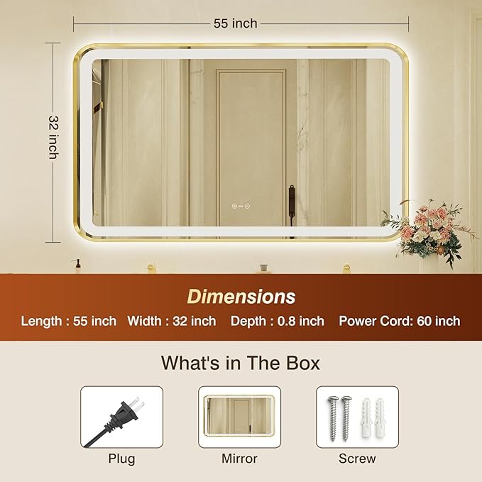32x55 Inch Gold Framed LED Bathroom Mirror with Lights,Smart Bathroom Mirror,Motion Sensor,Tempered Glass,Anti-Fog,Stepless Dimmable & 3 Colors,Memory,Vanity Mirror for Wall