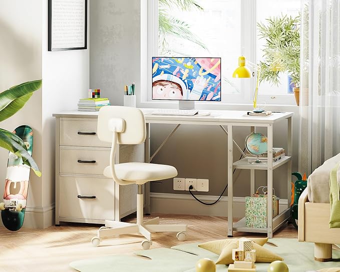 AODK 51 Inch White Computer Desk with Drawers & USB Power Outlets | Reversible Home Office Desk with Storage Shelves, Work from Home, Modern Work/Writing/Study Table for Bedroom, White