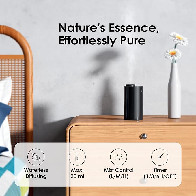 Airversa Waterless Diffuser for Essential Oil, Car Diffsuer, Battery Operated Nebulizer, 0.7 Fl Oz/ 20mL, Mini Scent Air Machine, 3 Timers & 3 Mist Levels for Home, Room, Car, Office - AN6 Black