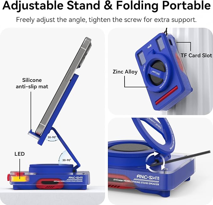 ANCwear Bluetooth Speaker Phone Stand for Desk, Portable Wireless Speaker with Adjustable Cell Phone Holder, Bluetooth 5.4 Audio Stand with TF Card Slot for Kitchen Bedside, Cool Tech Gift (Blue)