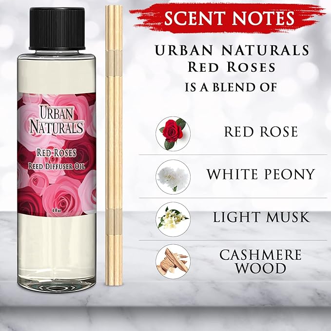 Urban Naturals Red Roses Reed Diffuser Oil Refill & Bamboo Reed Sticks | Beautiful Floral Scent of Fresh Cut Roses | Made in The USA