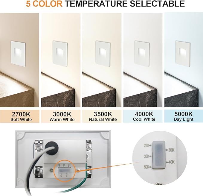 Vertical LED Recessed Step Light Fixture, 5CCT Selectable, IP65 Waterproof, 3W 70LM, 120V Stair Light Indoor Outdoor, 10%-100% Dimmable, White, ETL Listed - 8PK