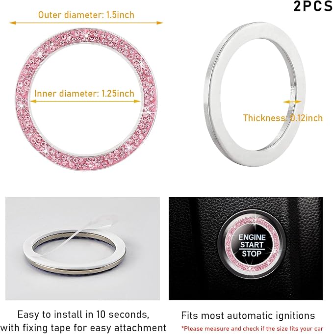 Kewucn 2 PCS Bling Crystal Double Rhinestone Car Engine Start Decoration Ring, Sparkling Push Start Button Sticker, Key Ignition & Knob Ring Decoration, Bling Car Interior Accessory(Pink)