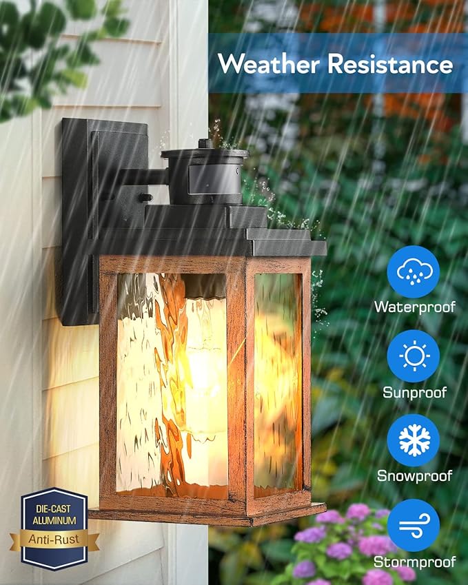 VIANIS Motion Sensor Outdoor Lights, Dusk to Dawn Outdoor Lighting for House, Wood Grain Garage Lights, Lantern Wall Mount, Waterproof Porch Sconce for Entryway, with Anti-Rust, Weather Resistant