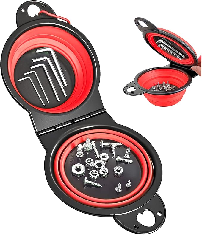 Collapsible Magnetic Parts Tray Set, New Upgraded Version Magnetic Trays, Integrated 5.1" Round Dual Silicone Bowls, Multi-Use Nuts And Bolts Organizer, Bonus Hook for On-the-Go Carry (red2.0)