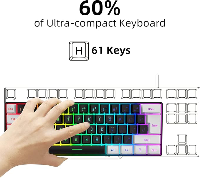 Snpurdiri 60% Wired Gaming Keyboard, Small RGB Backlit Membrane Gaming Keyboard, Ultra-Compact Mini Waterproof Keyboard for PC Computer Gamer White and Black | Backlit Small Membrane Gaming Keyboard for PC Computer Gamer