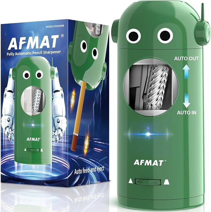 AFMAT Electric Pencil Sharpener for Colored Pencils 7-11.5mm, Fully Automatic Robot Pencil Sharpener, Auto in & Out, Rechargeable Hands-Free for Classroom/Home/Office, Battery Operated, PSX5RB, Green