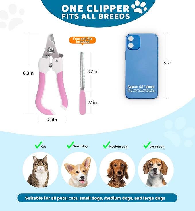 Pet Nail Clippers and Trimmers for Dogs and Cats, Professional Grooming Tool with Safety Guard, Sharp Blades, Free Nail File, Avoid Overcutting, Suitable for Small and Large Pets (Pink)