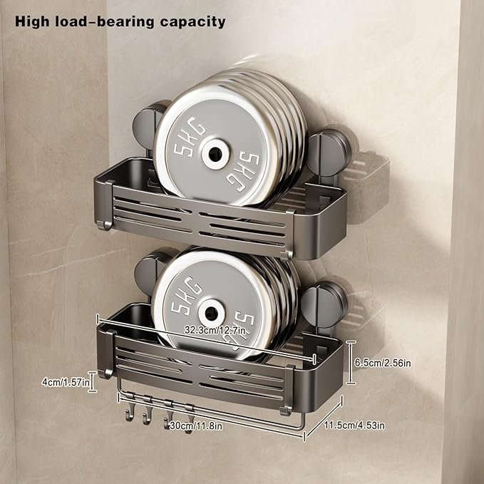 VOLPONE Shower Caddy Suction Cup No Drilling Suction Cup Shower Shelf Heavy Duty Bathroom Shower Organizer Storage Rack Adhesive with Towel Bar Hooks (3-Pack, Matte Gray)