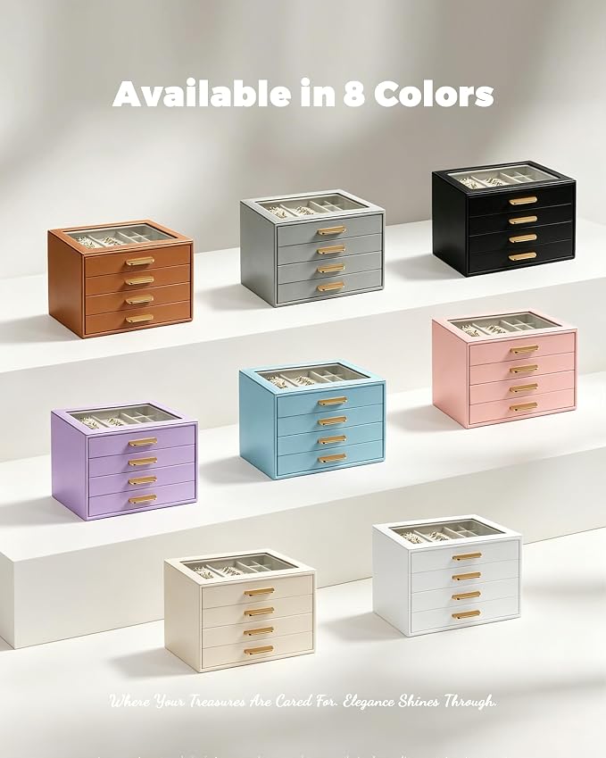 Homeanda Jewelry Boxes Organizer with Glass Lid, 4-Layer PU Leather, Beige | Modern style display case with 4 drawers for daily jewelry, women, mom or girl gift
