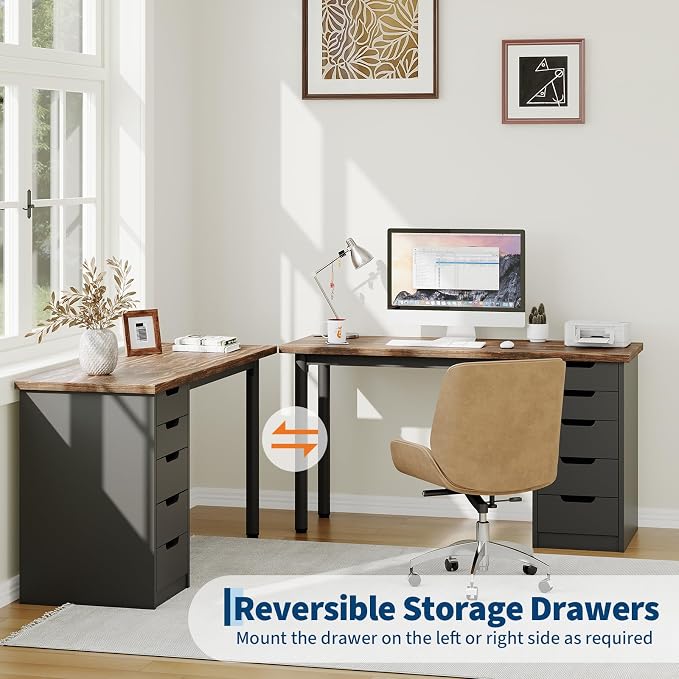 Garvee Computer Desk with 5 Drawers, 47 Inch Modern Simple Study Writing Desk with Storage, Rustic Home Office Desk, Reversible Computer Desk for Small Spaces, Apartments, Dorms, Brown+Black