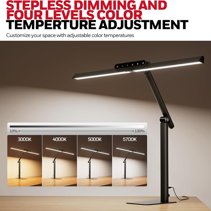 Honeywell HJ1BK Eye-Caring 1200LM LED Architect Desk Lamp for Home Office | CRI≥97, Flicker-Free，4 Color Temps,Task Desk Light with Base for Computer,Study,Black