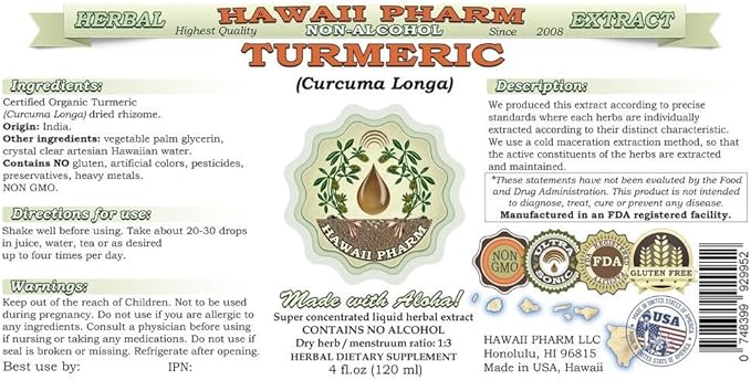 Turmeric Alcohol-Free Liquid Extract, Organic Turmeric (Curcuma Longa) Dried Rhizome Glycerite Natural Herbal Supplement, Hawaii Pharm, USA 32 fl.oz