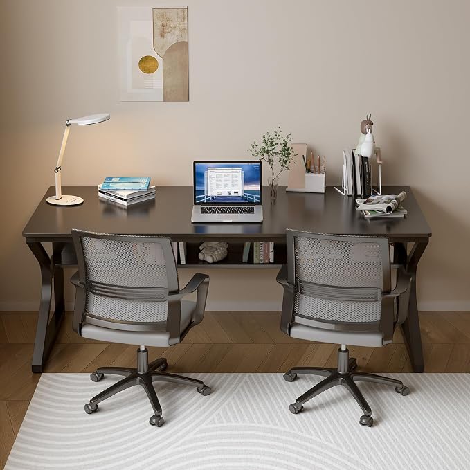 OSCHF 63-Inch Extra Long Desk with Storage Shelf, Black | Double Long Writing Table, Space-saving, 2-Person Workstation, Modern Study Work Computer Desk, For Home Office