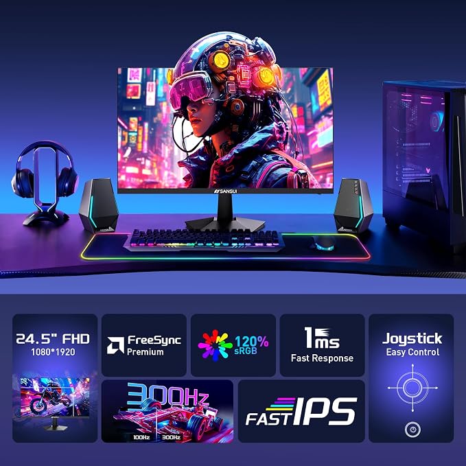 SANSUI Gaming Monitor, 24.5" 300hz 240hz FHD 1080P 1ms FPS PC Monitor Gaming, HDR, FreeSync, DisplayPort x2 HDMI x2, Fast IPS, 120% sRGB, Audio Jack, VESA Support, Desktop Compatible(ES-G25X1 PRO)
