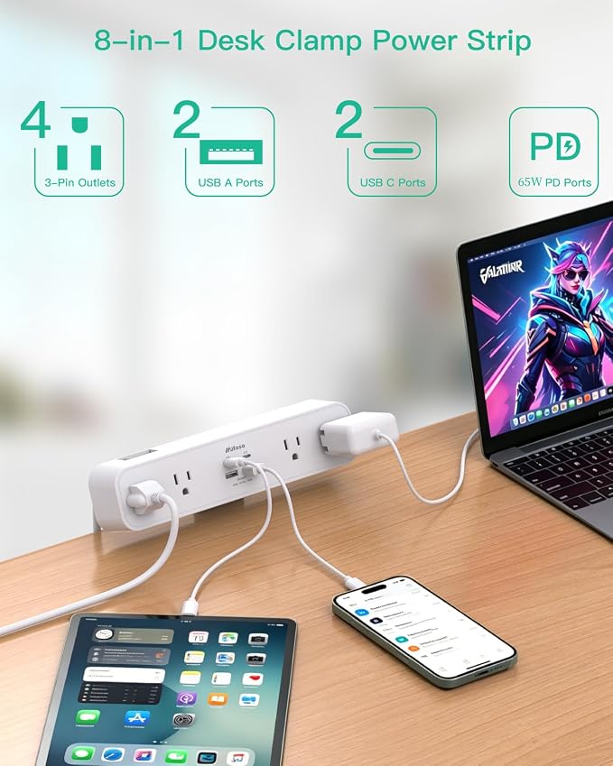 Mifaso PD65W Desk Clamp Power Strip, 1080J Surge Protector, 2 USB C | 4 Outlets, 5FT Extension Cord, Fast Charging Station, Desk Organizer Gaming Accessories Office Essentials, Fit 1.96" Edge