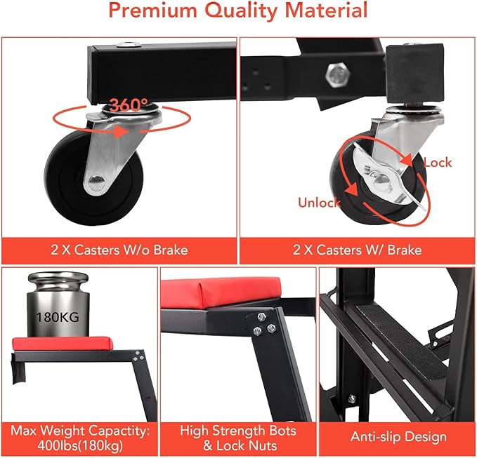 Automotive Top side Creeper, Adjustable Top Side Engine Creeper 48"-66", 400 LBS Capacity Heavy Duty Automotive Engine Creeper with Padded Deck & 4 Swivel Caster Wheels, Red Mat and Black Body