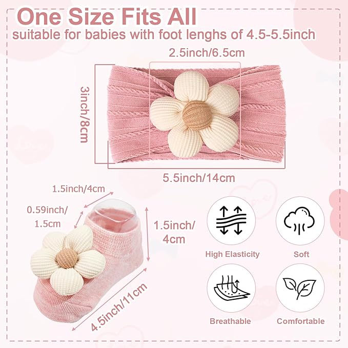 JOYOYO Baby Flower Headband and Socks, Cute Baby Girl Headbands and Soft Socks Sets for Toddler Newborn Infant Girl (Beige Pink Khaki)