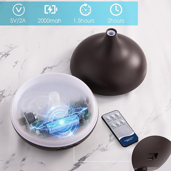 Rechargeable Diffuser for Essential Oils Large Room, 450ml Battery Operated Essential Oil Diffuser with Remote Control, Aromatherapy Oil Diffuser with Timer, 7 Colors Light humidifiers for Home&Office