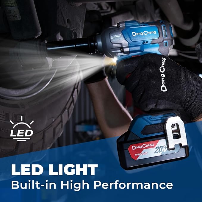 Dong Cheng 20V Brushless Impact Wrench, Max Torque 360 ft-lbs (488N.m), 1/2 inch with 3 Mode Speed, 2400 RPM Cordless Impact Gun, Includes 4.0Ah Battery, Charger, 4 Impact Sockets and Kit Bag