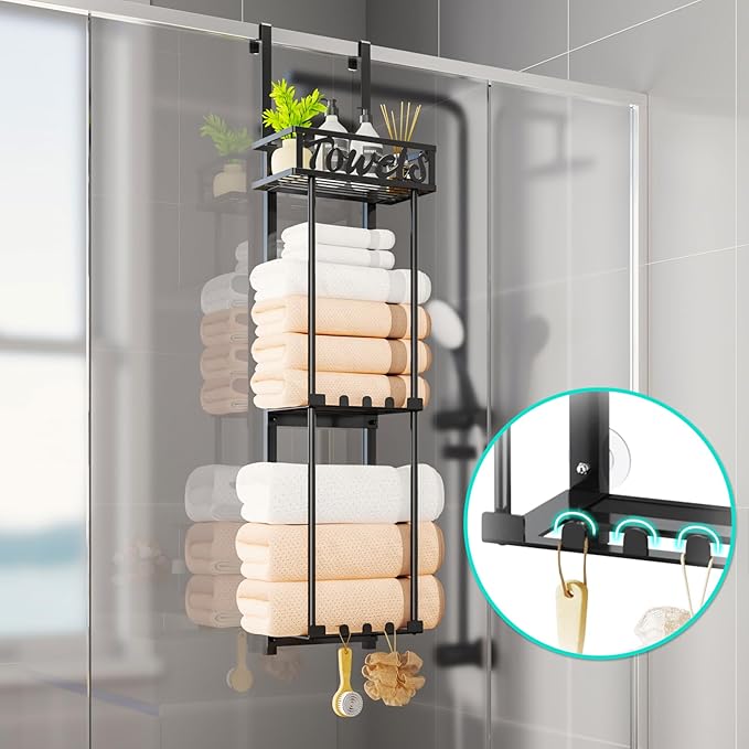 HapiRm Towel Rack Bathroom Storage - 3 Tier Over The Door & Wall Mounted Rolled Towel Racks Holder Organizer with Metal Shelf and 6 Hooks for Small Bathroom, Camper, Rv - Black (for 1.77 in Doors)