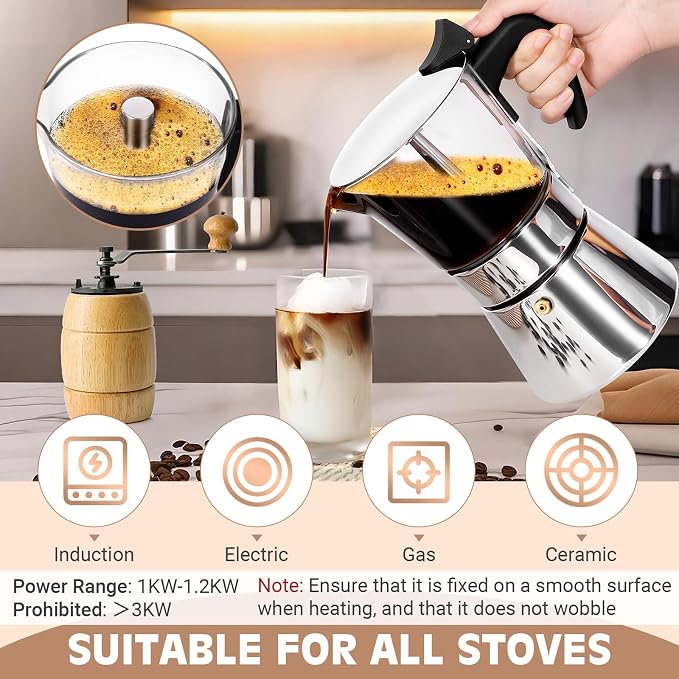9 Cup 450ml Glass Moka Pot, Stovetop Espresso Maker, Silver | Crystal Glass-top & Stainless Steel Coffee Maker, Induction Compatible, for Greca de Cafe, Cuban and Italian Coffee Brewing