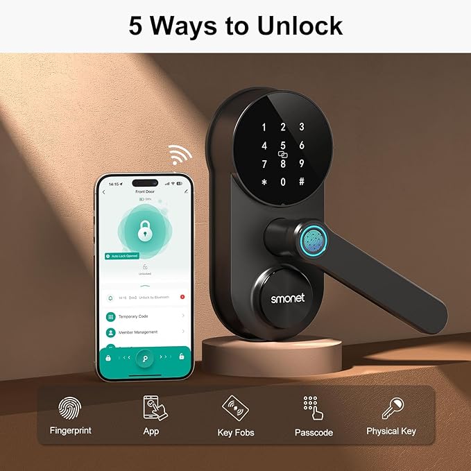 Smart WiFi Door Lock with Handle: SMONET Keyless Entry Lock with Fingerprint for Front Door Anti-peep Keypad Compatible with Alexa