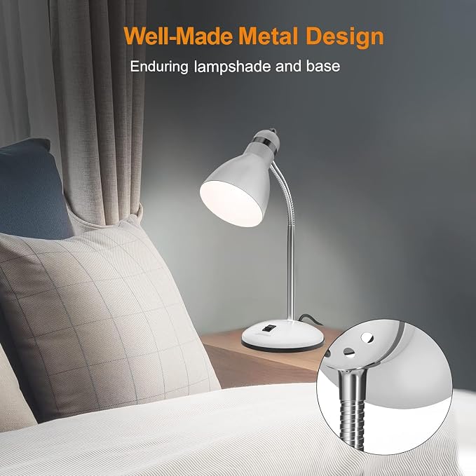 LEPOWER Metal Desk Lamp, Adjustable GooseNeck Reading Light for Bedroom | Compact & Sturdy, Space-Saving for Bedside & Dorm, E26 Table Lamp, Eye-Caring, Ideal for Study, Office, Back to School