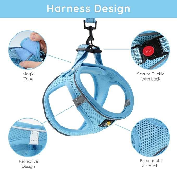 BELLA & PAL Step in Vest Harness for Small and Medium Dogs, No Pull Small Dog Harness with Leash Set, Comfortable Air Mesh Dog Vest Harness with Reflective Strip (Sky Blue, S)
