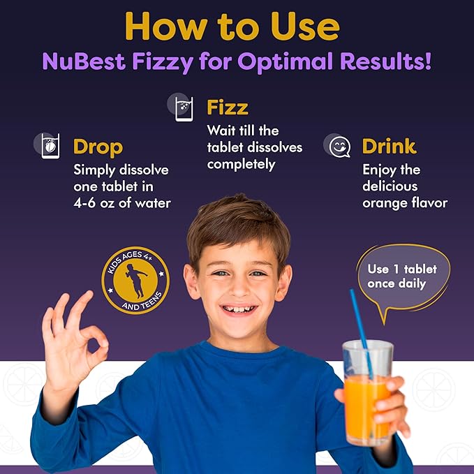 NuBest Tall Fizzy - Bone Strength, Immunity, Digestive Health for Kids & Teens | Probiotic, Calcium, Magnesium from Red Marine Algae, Vitamin D3, K2 & Zinc | 10 Orange Effervescent Tablets - Ages 4+