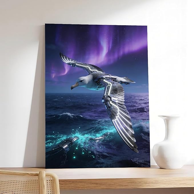 Framed Steampunk Mechanical Seagull Wall Art - Aurora Ocean Retro Poster for Bedroom Game Room Decor 08x12inch(20x30cm)