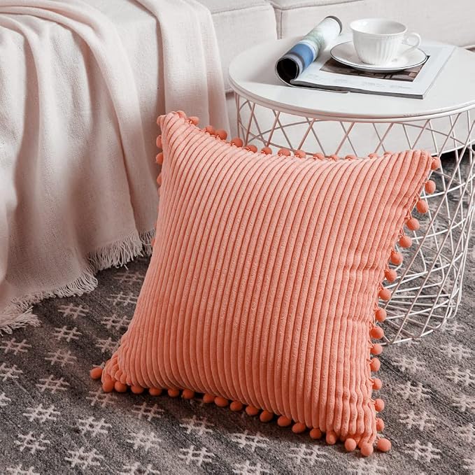 Fancy Homi 24x24 Pillow Covers, Pack of 2 Coral Throw Pillow Covers with Pom-poms, Super Soft Corduroy Square Solid Cushion Cover for Couch Sofa Bedroom Living Room 60x60 cm