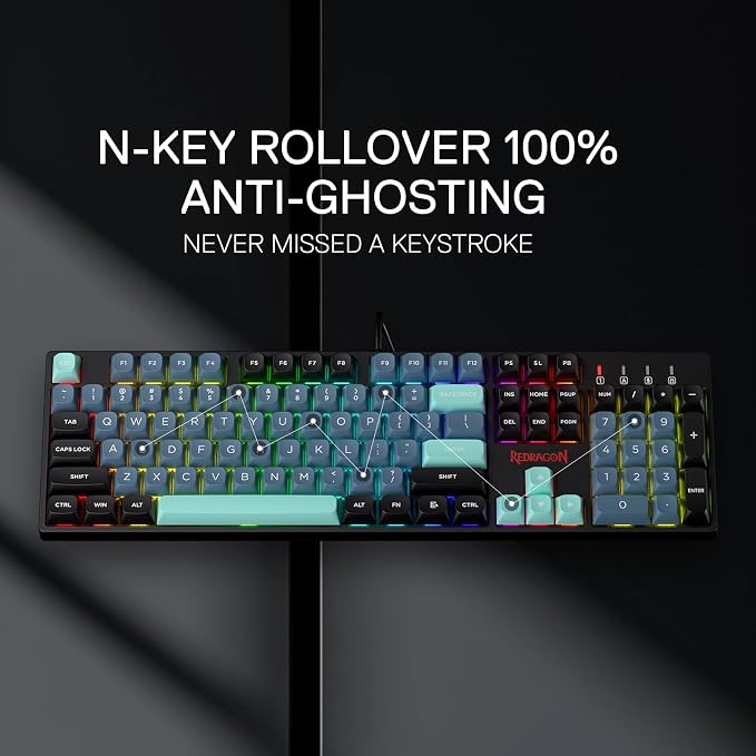 Redragon K582 SE Wired RGB Mechanical Gaming Keyboard, 104-Key, PBT Keycaps | 16.8M Color Immersive eSports Lighting Vibe, Quiet Keystrokes w/ Sound-Absorbing Foam, N-Key Rollover, Customize Software