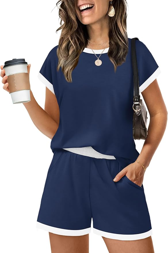 WIHOLL Two Piece Sets for Women Summer Lounge Short Sets Cap Sleeve Crew Neck Sweatsuit with Pocket XS-2XL