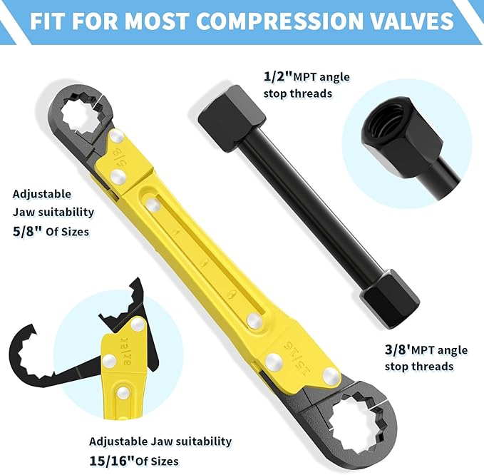 Plumbing Tools Angle Stop Wrench Kit - 3-Piece Plumber Tool Set with Compression Sleeve Puller & 4-Way Sillcock Key - Fits 3/8" & 1/2" MPT Ferrule Removal Tool for Tight Spaces Under Sink-Yellow