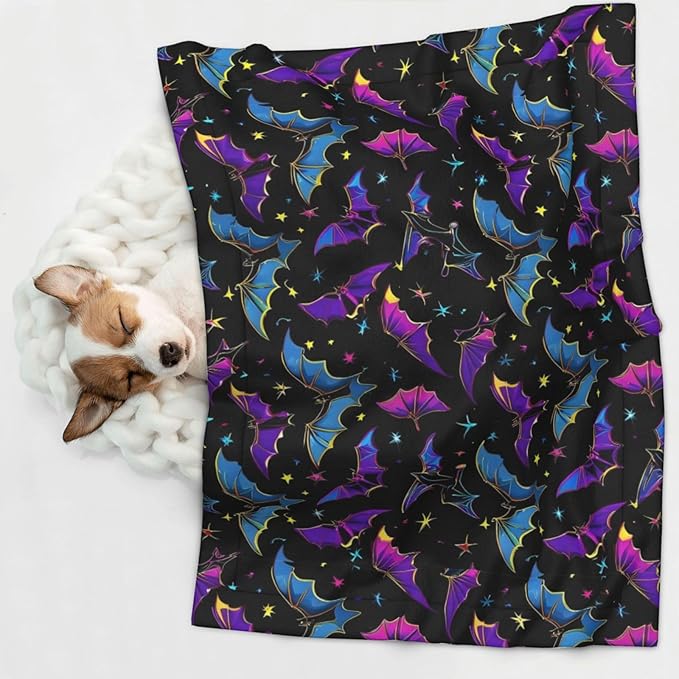 Two Sided Plush Pet Blanket for Warmth Comfort, Halloween Cool Bats, Reversible Throw with Cozy Nubby Side for Chilly Nights Napping Spots Around House