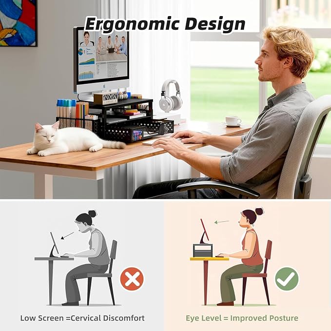 Simple Trending Monitor Stand Riser with Drawer, Black for Home Office | Metal 2-Tier Monitor Stand with Hidden Drawer | Ergonomic Neck Support | Desk Organizer | Space Saving | Fast Setup