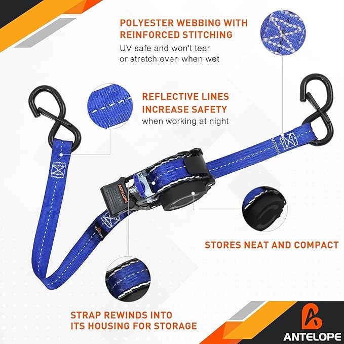 Retractable Ratchet Straps (2PK) - 1 in x 12 ft Automaitc Ratchet Tie Down Straps with Soft Loops, 1500lb Break Strength Self Retracting Strap for Motorcycle, Truck, Cargo, Trailer, ATVs, UTVs -Blue