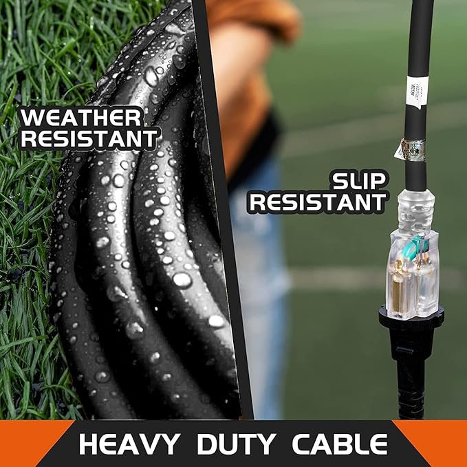 Indoor Outdoor Extension Cord Weatherproof with Lighted End, UL Certified, 12 Gauge 8FT Black 3 Prong Heavy Duty, 12/3 SJTW 15A Power Cord for Outdoor Lights, Lawn
