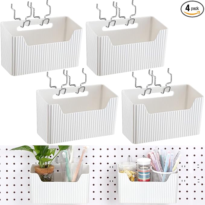 Suzile 4 Pcs Pegboard Bins Plastic Bins Set 7.9 x 3.3 x 4.7'' Pegboard Containers with Metal Hooks Organizing Assortment Accessories for Organizing Storage Tools Storage Workbench Garage (White)
